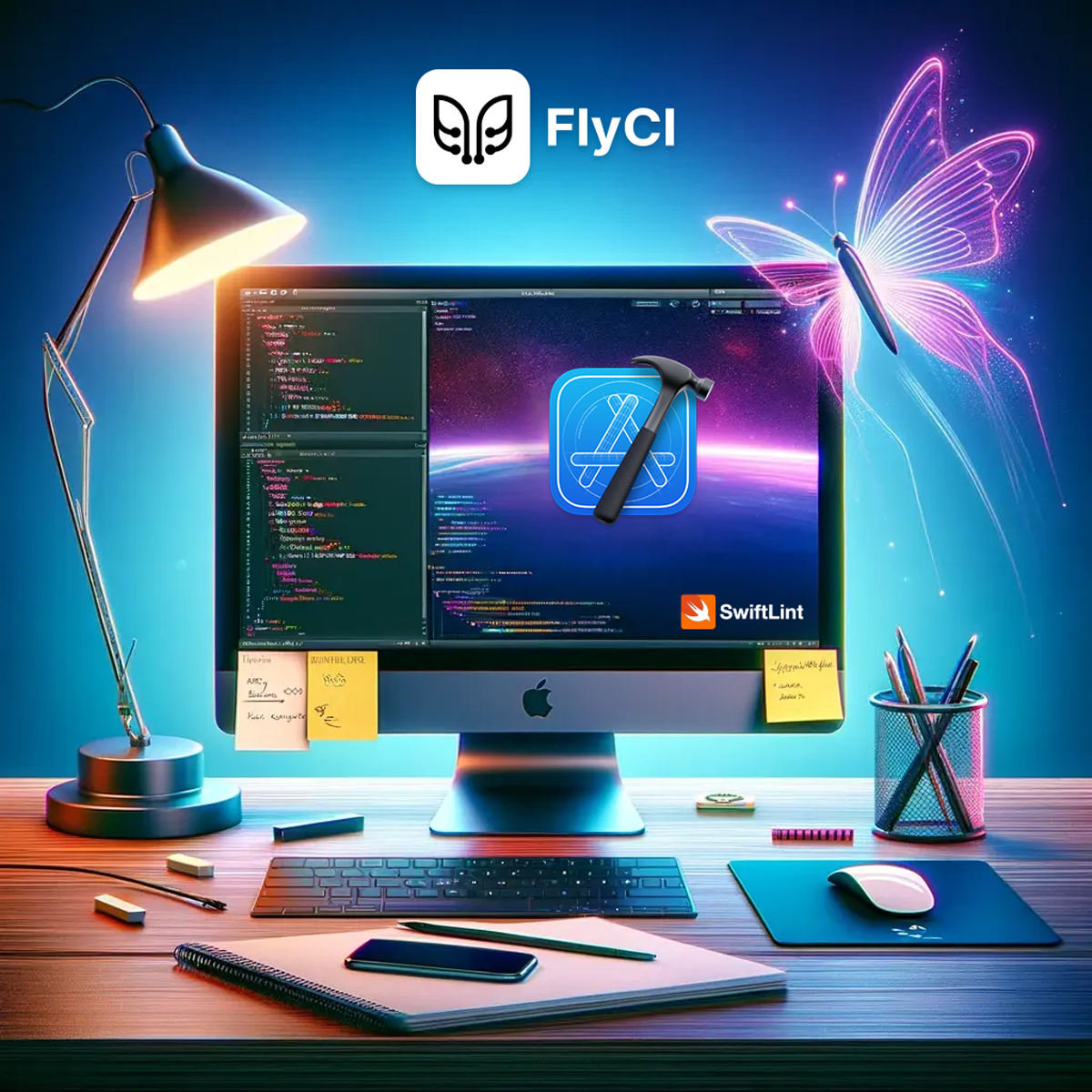 The FlyCI logo along with Xcode and SwiftLint logos visualized on a Desktop Mac.