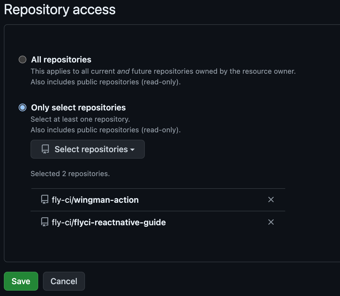 Selecting repositories that FlyCI app will have access to